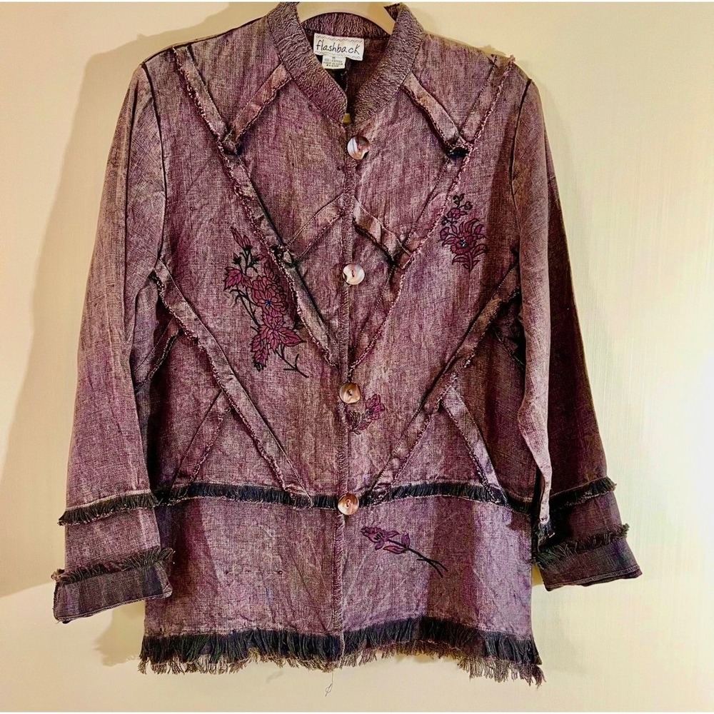 Flashback Pinkish Brown Linen Blend Embroidered Fringe Button Up Jacket Women M